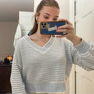 Blue and White V-Neck Chenille Sweater